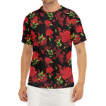 Black And Red Roses Floral Print Men's Short Sleeve Rash Guard