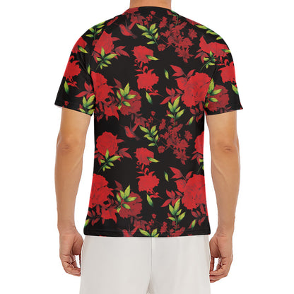 Black And Red Roses Floral Print Men's Short Sleeve Rash Guard