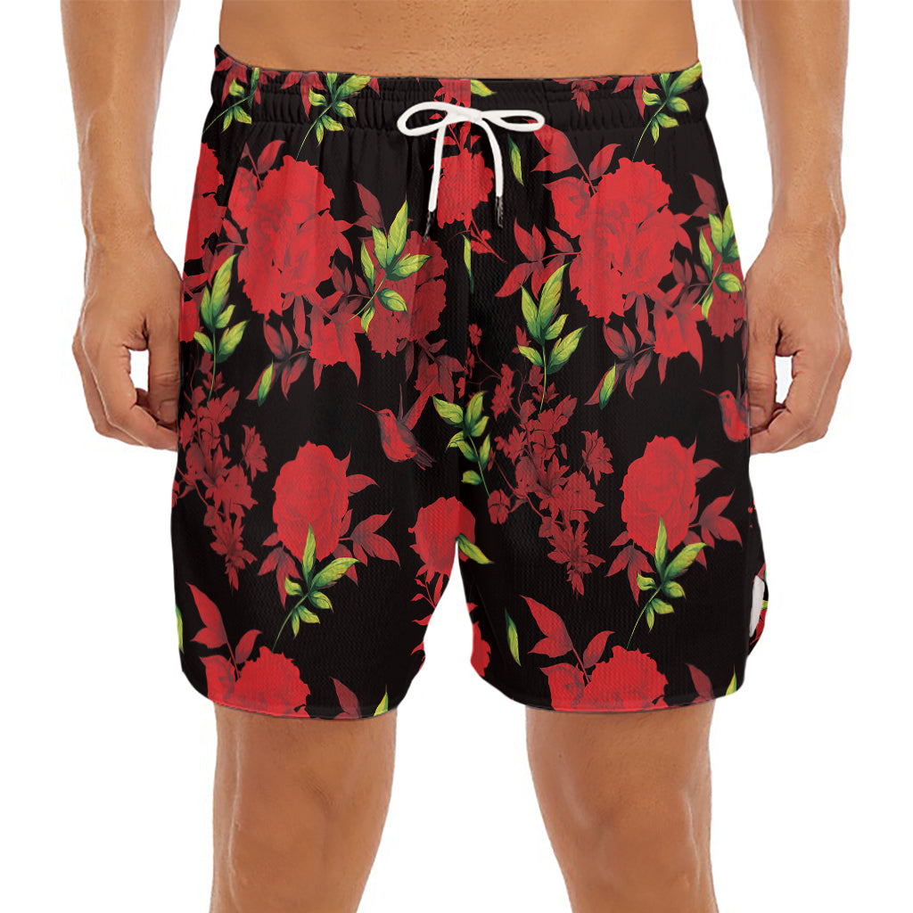 Black And Red Roses Floral Print Men's Split Running Shorts
