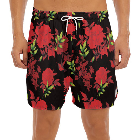 Black And Red Roses Floral Print Men's Split Running Shorts
