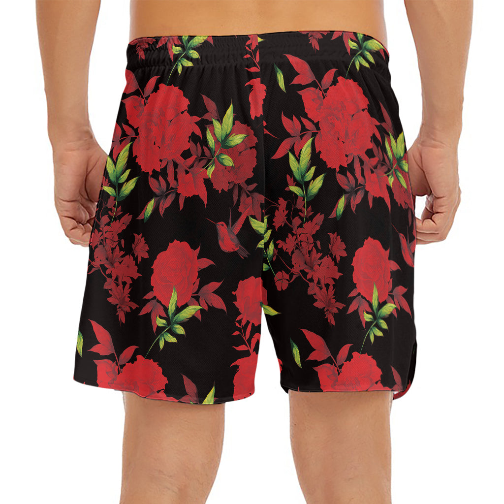 Black And Red Roses Floral Print Men's Split Running Shorts