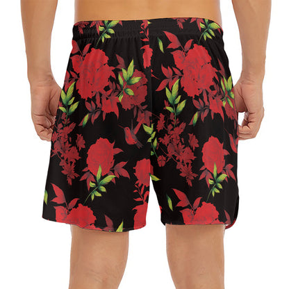 Black And Red Roses Floral Print Men's Split Running Shorts