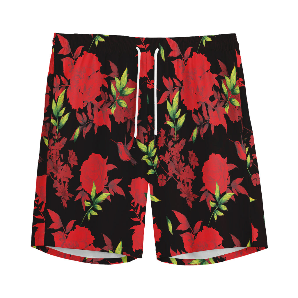 Black And Red Roses Floral Print Men's Sports Shorts