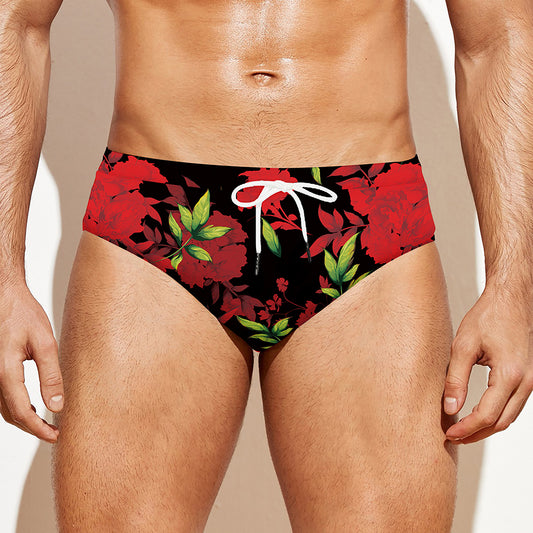 Black And Red Roses Floral Print Men's Swim Briefs
