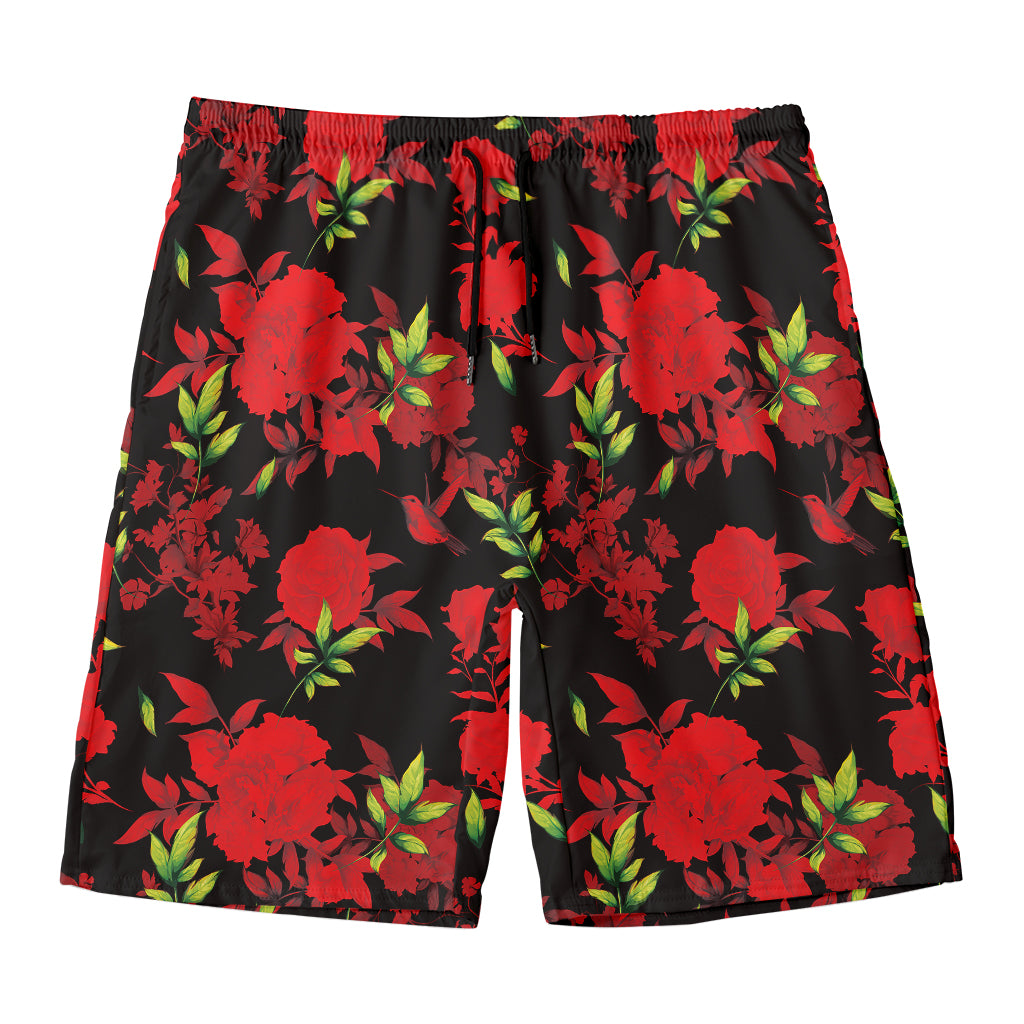 Black And Red Roses Floral Print Men's Swim Trunks