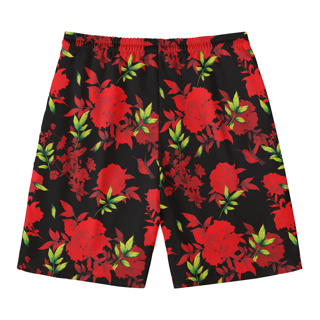 Black And Red Roses Floral Print Men's Swim Trunks