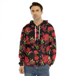 Black And Red Roses Floral Print Men's Velvet Pullover Hoodie