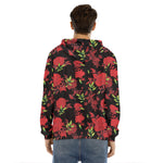 Black And Red Roses Floral Print Men's Velvet Pullover Hoodie