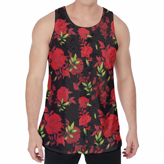 Black And Red Roses Floral Print Men's Velvet Tank Top
