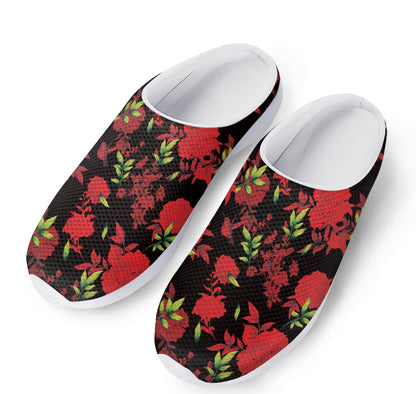 Black And Red Roses Floral Print Mesh Casual Shoes