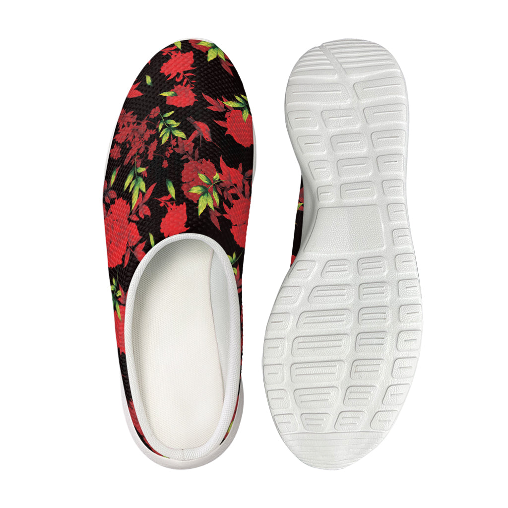 Black And Red Roses Floral Print Mesh Casual Shoes
