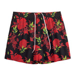 Black And Red Roses Floral Print Mesh Shorts