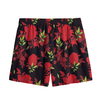 Black And Red Roses Floral Print Mesh Shorts