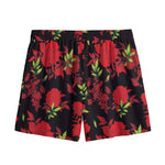 Black And Red Roses Floral Print Mesh Shorts