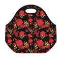 Black And Red Roses Floral Print Neoprene Lunch Bag