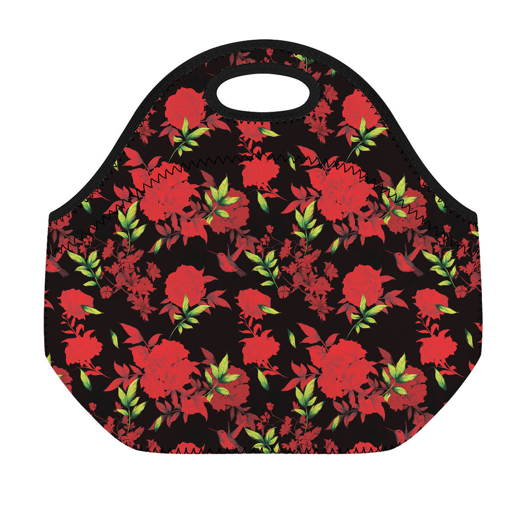 Black And Red Roses Floral Print Neoprene Lunch Bag