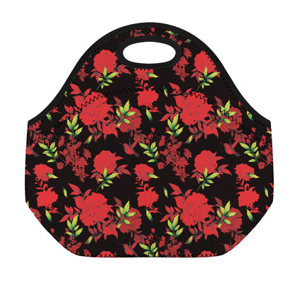 Black And Red Roses Floral Print Neoprene Lunch Bag