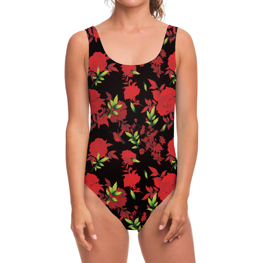 Black And Red Roses Floral Print One Piece Swimsuit