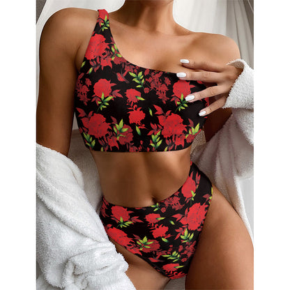Black And Red Roses Floral Print One Shoulder Bikini Top