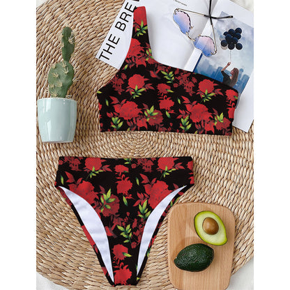 Black And Red Roses Floral Print One Shoulder Bikini Top