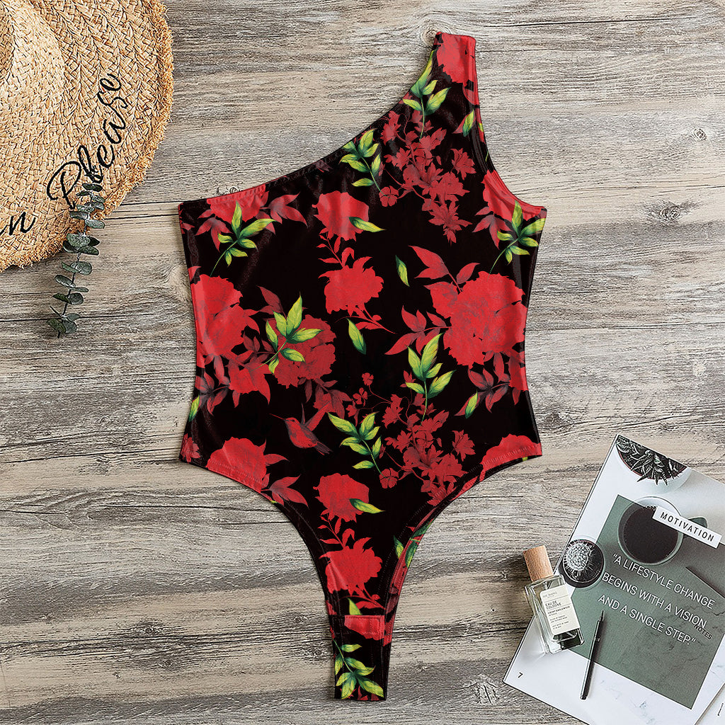 Black And Red Roses Floral Print One Shoulder Bodysuit