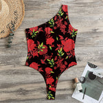 Black And Red Roses Floral Print One Shoulder Bodysuit