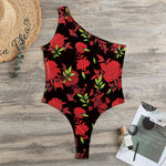 Black And Red Roses Floral Print One Shoulder Bodysuit