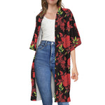 Black And Red Roses Floral Print Open Front Beach Cover Up