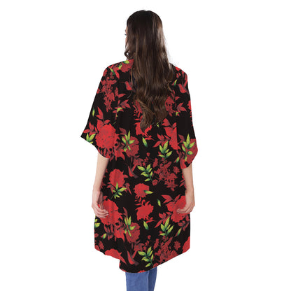Black And Red Roses Floral Print Open Front Beach Cover Up