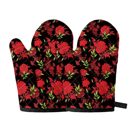 Black And Red Roses Floral Print Oven Mitts