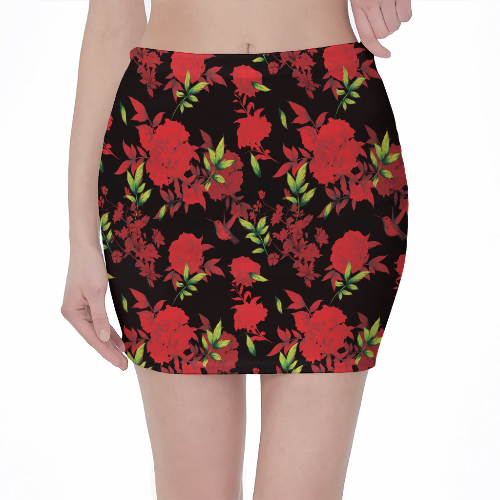 Black And Red Roses Floral Print Pencil Mini Skirt