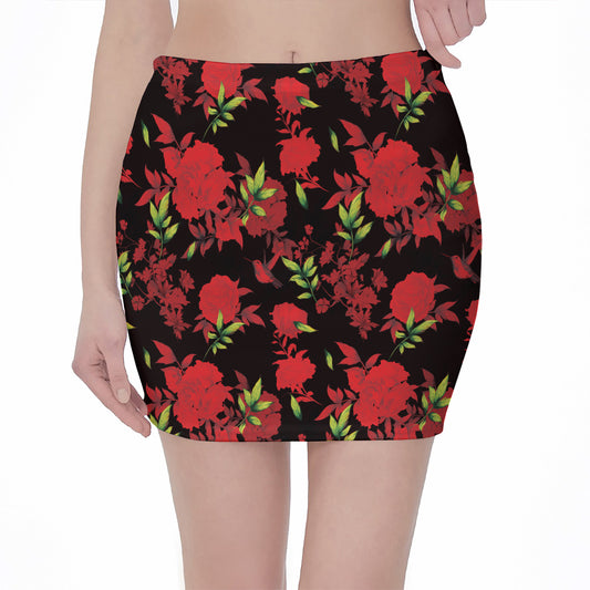 Black And Red Roses Floral Print Pencil Mini Skirt