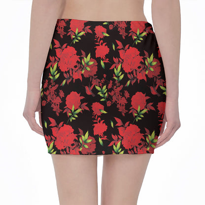 Black And Red Roses Floral Print Pencil Mini Skirt