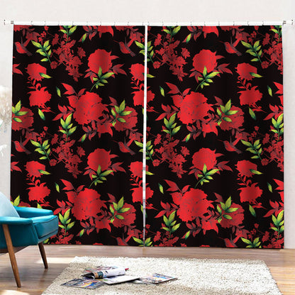 Black And Red Roses Floral Print Pencil Pleat Curtains
