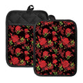 Black And Red Roses Floral Print Pot Holders With Pocket
