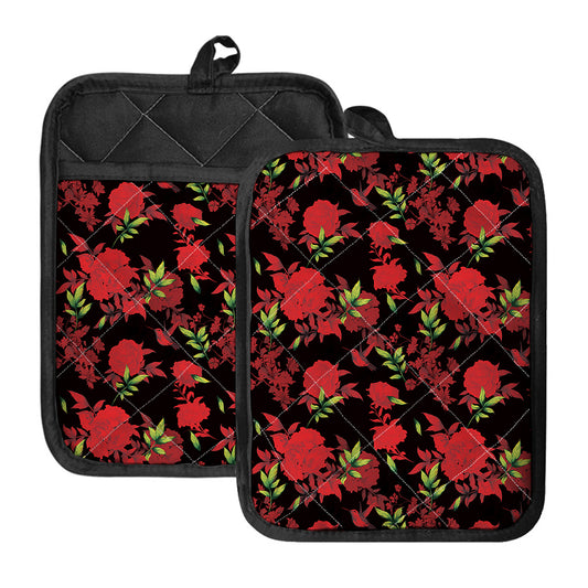 Black And Red Roses Floral Print Pot Holders With Pocket