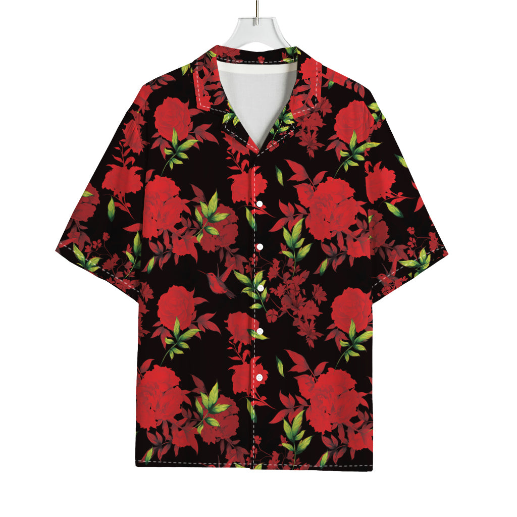 Black And Red Roses Floral Print Rayon Hawaiian Shirt