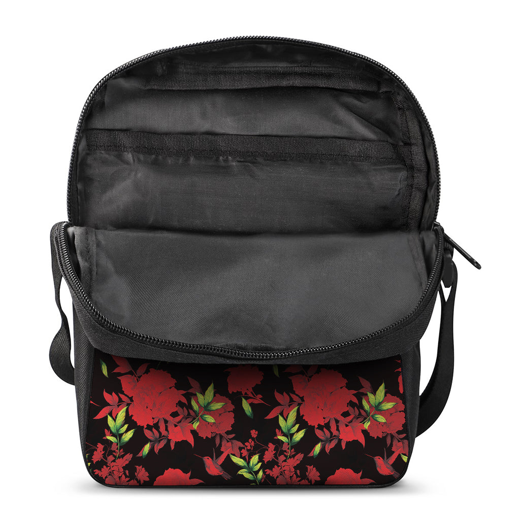 Black And Red Roses Floral Print Rectangular Crossbody Bag