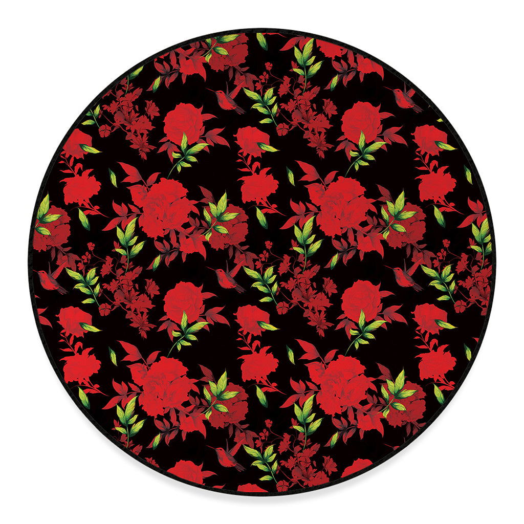 Black And Red Roses Floral Print Round Floor Mat