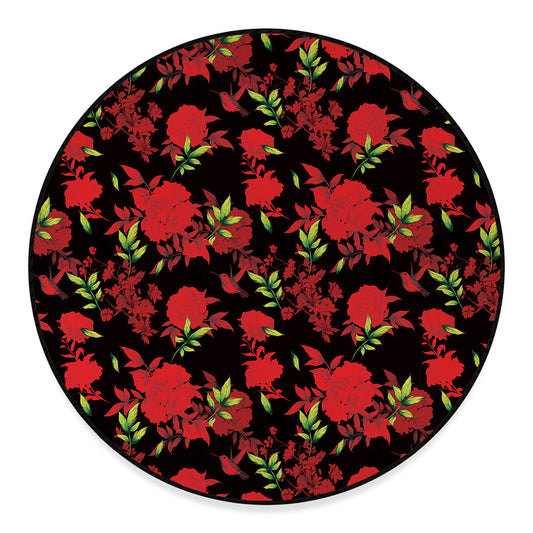 Black And Red Roses Floral Print Round Floor Mat