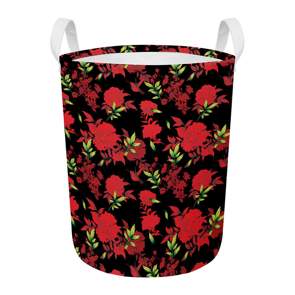 Black And Red Roses Floral Print Round Laundry Basket