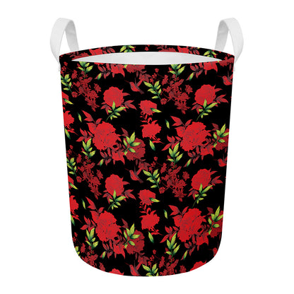 Black And Red Roses Floral Print Round Laundry Basket