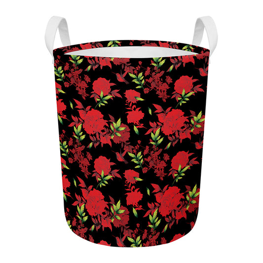 Black And Red Roses Floral Print Round Laundry Basket