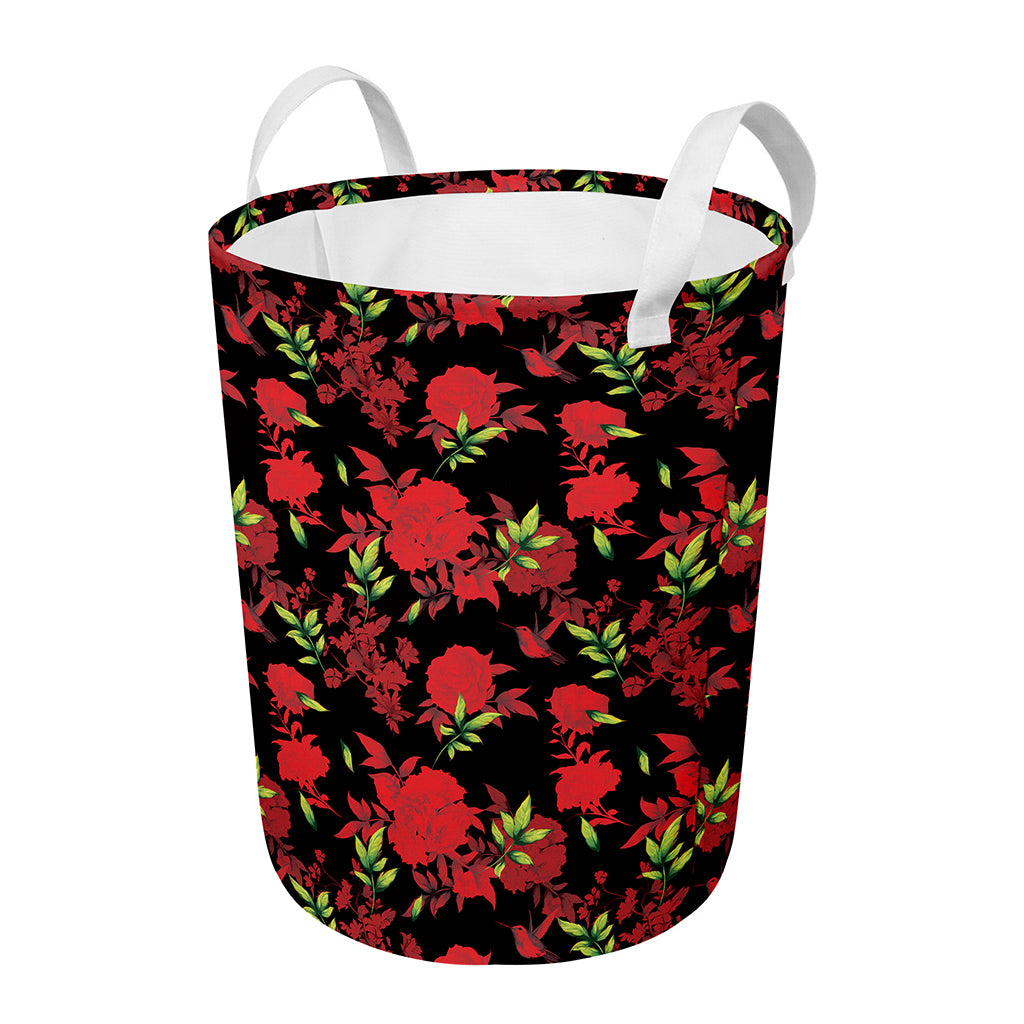 Black And Red Roses Floral Print Round Laundry Basket