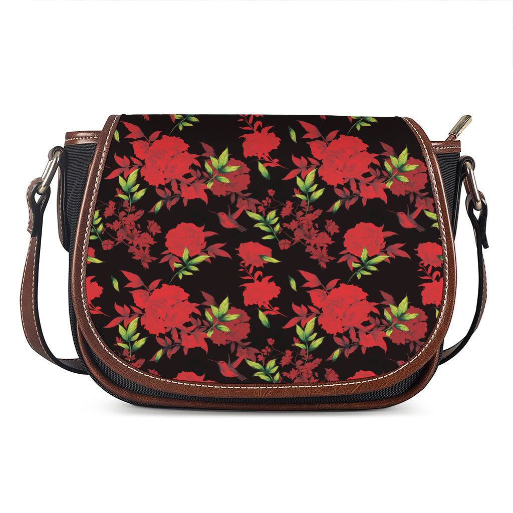 Black And Red Roses Floral Print Saddle Bag