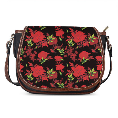 Black And Red Roses Floral Print Saddle Bag