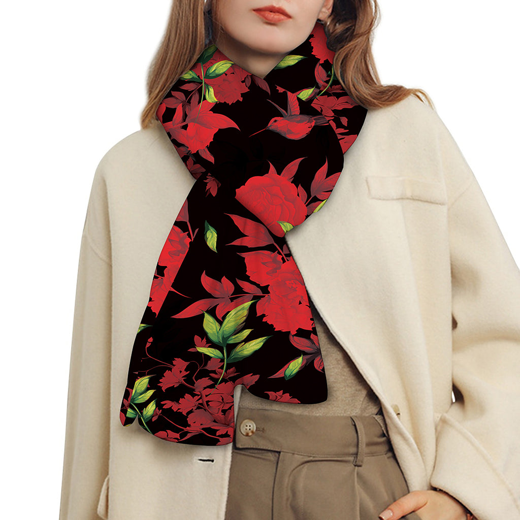 Black And Red Roses Floral Print Scarf