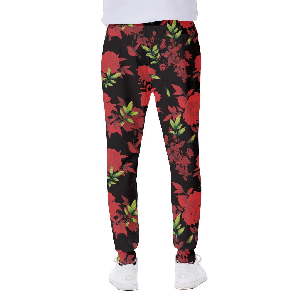 Black And Red Roses Floral Print Scuba Joggers
