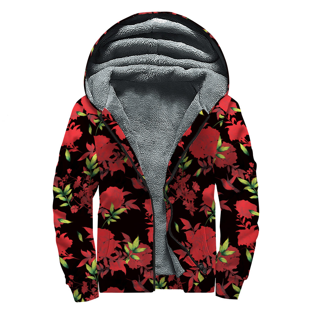 Black And Red Roses Floral Print Sherpa Lined Zip Up Hoodie