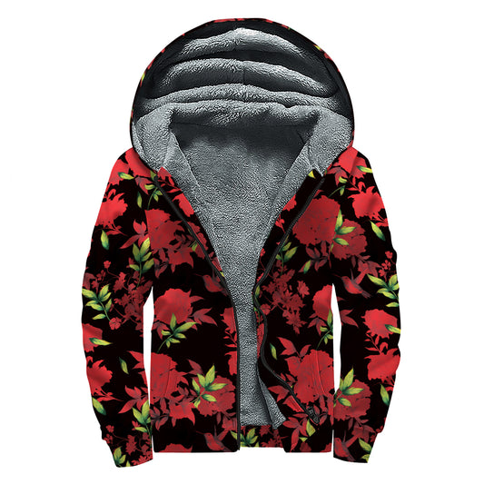 Black And Red Roses Floral Print Sherpa Lined Zip Up Hoodie
